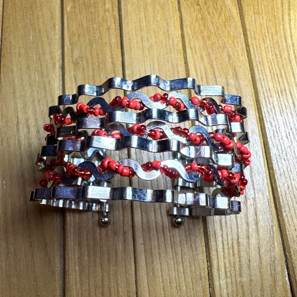 Elegant Silver and Red Beaded Bracelet